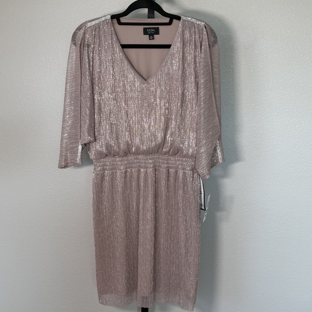 MSK Petite PXL Metallic Blush Dress With Rhinestone Embellished Shoulders & V-Ne